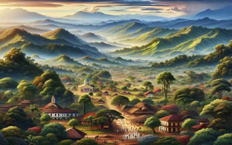 Detailed and realistic high-definition image depicting the majestic scenery and cultural landmarks of Nicaragua. The photo should convey the contrasting sides of this country - its natural beauty intertwined with elements symbolic of social struggles. Include dominating landscapes such as verdant forests, traditional architecture and diverse Nicaraguan people going about their daily life, to capture the resilience and spirit of the country.