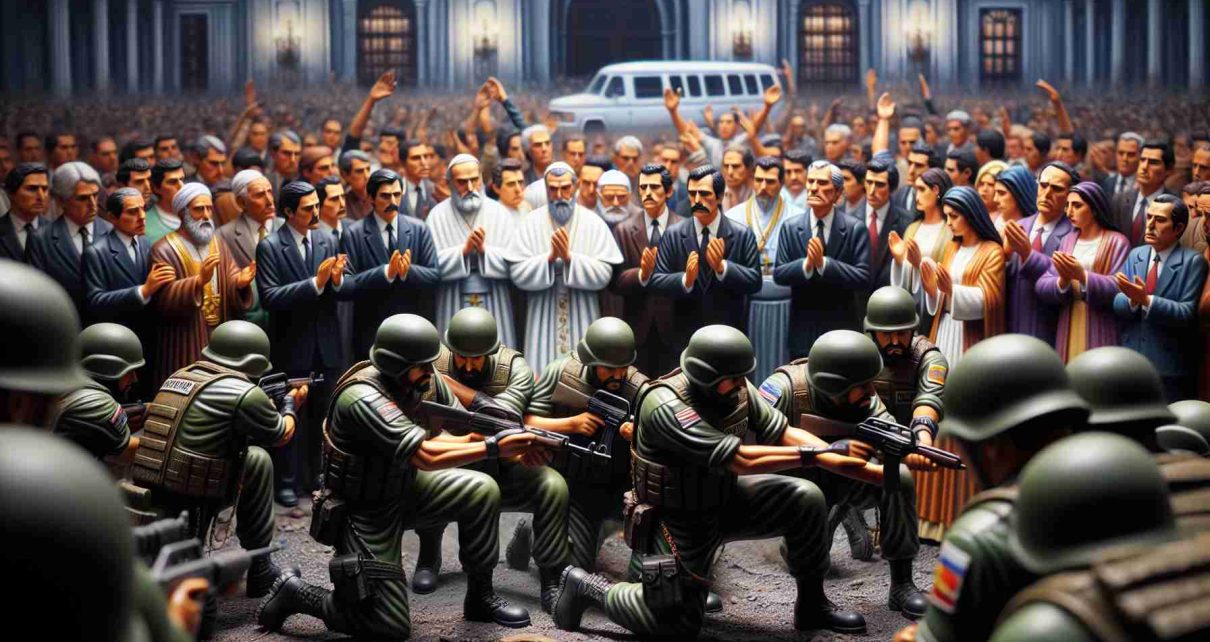 A detailed, high-definition representation of a moment during a government instigated event in Nicaragua, with key focus on the authorities and religious figures. The authorities, a diverse group of men and women of various descents, are shown trying to establish control. Their uniform is dark and a symbol of their authority. In opposition, religious leaders, men of Middle-Eastern and South Asian descent, and women of Caucasian and Hispanic ethnicity, are depicted exhibiting peace and restraint, adorned in traditional religious attire. The setting is intense yet reverent, embodying the struggle between power and faith.