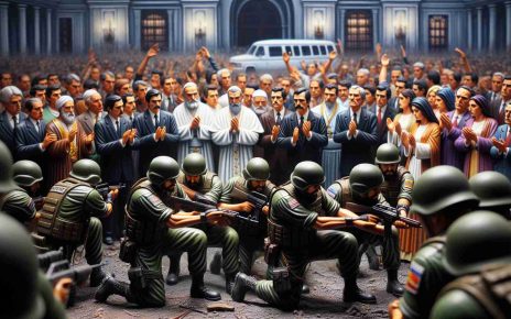 A detailed, high-definition representation of a moment during a government instigated event in Nicaragua, with key focus on the authorities and religious figures. The authorities, a diverse group of men and women of various descents, are shown trying to establish control. Their uniform is dark and a symbol of their authority. In opposition, religious leaders, men of Middle-Eastern and South Asian descent, and women of Caucasian and Hispanic ethnicity, are depicted exhibiting peace and restraint, adorned in traditional religious attire. The setting is intense yet reverent, embodying the struggle between power and faith.