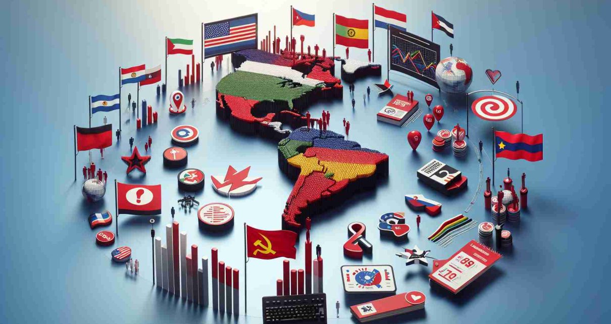 A high-definition, realistic image representing the current dynamics of leftist movements in Latin America. The visualization should include a symbolic representation of the countries involved, with various socio-political elements that make up the leftist movements. Also illustrate the unique challenges and victories associated with these movements. Crucial elements might involve flags of major countries, popular leftist symbols, infographics, and data points to represent facts and trends. The overall arrangement should convey a narrative of their current state.