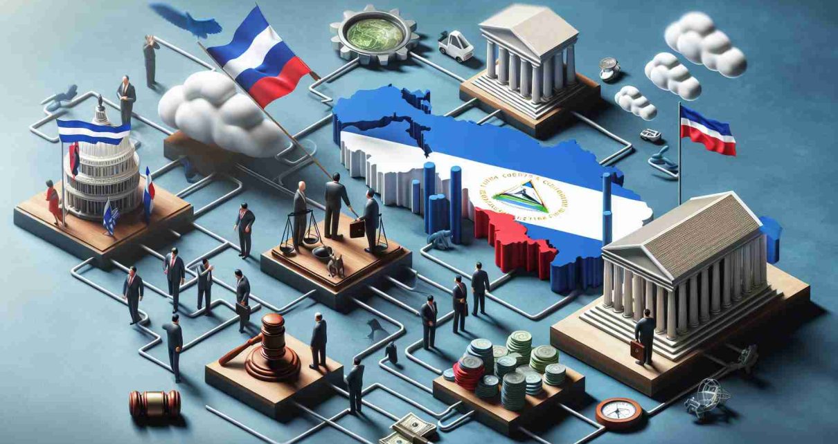 Realistic high-definition image depicting a conceptual representation of ongoing changes in governmental roles in a symbolic representation of Nicaragua