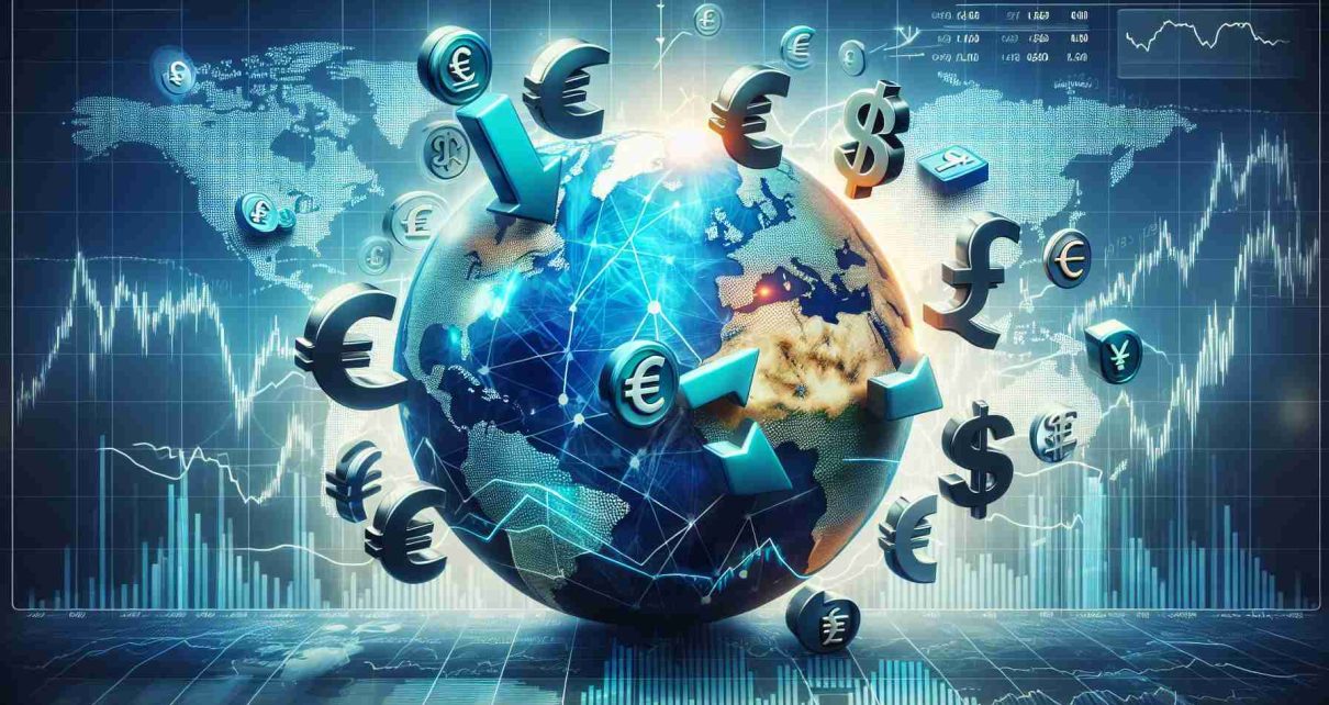 A highly detailed and realistic image depicting how global economic shifts influence currency markets. In the foreground, place various representative icons of major world currencies like the dollar, euro, yen, pound, and rupee. In the background, show a world globe with arrows moving in different directions signifying fluctuations in the global economy. The currencies should interact with these arrows, symbolizing their volatility. Add a stock market ticker at the bottom showing the change in currency values.