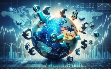 A highly detailed and realistic image depicting how global economic shifts influence currency markets. In the foreground, place various representative icons of major world currencies like the dollar, euro, yen, pound, and rupee. In the background, show a world globe with arrows moving in different directions signifying fluctuations in the global economy. The currencies should interact with these arrows, symbolizing their volatility. Add a stock market ticker at the bottom showing the change in currency values.