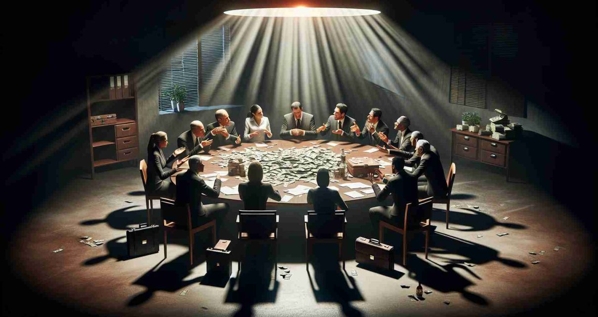 A high definition realistic image depicting a concept known as 'The Corrupt Circle of Power'. It contains a circular table in a dimly lit room lit by a single overhead light, casting long shadows. On the table, there are piles of scattered papers and briefcases open with bundles of money inside. Around the table, individuals of diverse ages, genders and descents are arguing, their faces twisted in fervour and trepidation. Strokes of greed, worry, aggression can be seen on their faces, reflecting corruption and unending cycles of power.