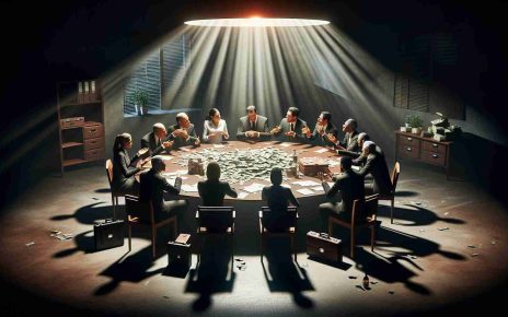 A high definition realistic image depicting a concept known as 'The Corrupt Circle of Power'. It contains a circular table in a dimly lit room lit by a single overhead light, casting long shadows. On the table, there are piles of scattered papers and briefcases open with bundles of money inside. Around the table, individuals of diverse ages, genders and descents are arguing, their faces twisted in fervour and trepidation. Strokes of greed, worry, aggression can be seen on their faces, reflecting corruption and unending cycles of power.