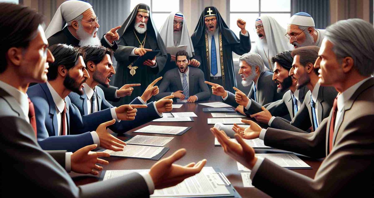 A high definition, realistic scenario depicting an intense arguing session between politicians and religious figures. The politicians can be seen in their formal attire, insistently pointing out facts and statistics on important documents while the religious figures, adorned in their religious vestments, question and challenge the politicians' claims with passion and conviction. The atmosphere is tense and the expressions of all involved clearly show the stakes of the discussion.