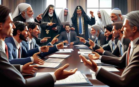 A high definition, realistic scenario depicting an intense arguing session between politicians and religious figures. The politicians can be seen in their formal attire, insistently pointing out facts and statistics on important documents while the religious figures, adorned in their religious vestments, question and challenge the politicians' claims with passion and conviction. The atmosphere is tense and the expressions of all involved clearly show the stakes of the discussion.