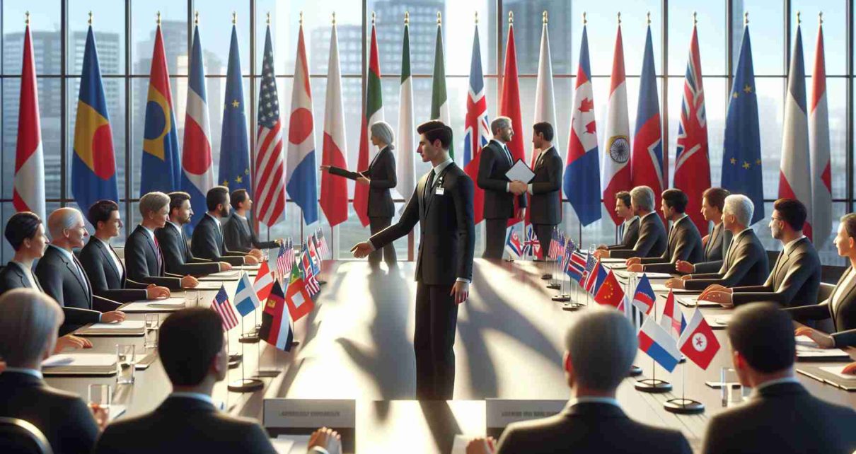 A realistic HD depiction of a politician, not specific to any country, participating in various bilateral meetings with representatives from different nations. The setting is a meeting room with flags of multiple countries. The person is seen shaking hands, discussing documents, and having serious conversations. All participants exhibit professionalism and diplomacy. The room is modern, with large windows showing a cityscape beyond.