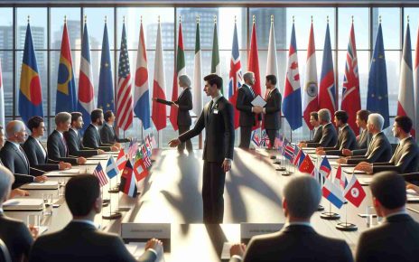 A realistic HD depiction of a politician, not specific to any country, participating in various bilateral meetings with representatives from different nations. The setting is a meeting room with flags of multiple countries. The person is seen shaking hands, discussing documents, and having serious conversations. All participants exhibit professionalism and diplomacy. The room is modern, with large windows showing a cityscape beyond.