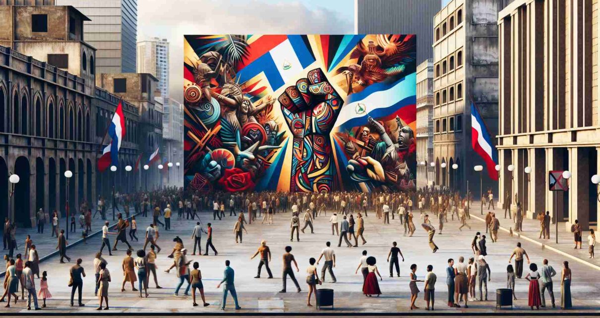 Create a high-resolution, realistic image of an abstract revolutionary art installation. The background is a bustling city street in Nicaragua. The installation itself should be bold and striking, incorporating symbols of change, resistance, and transformation. Surrounding the installation, people of all ages and descents, including Caucasian, Hispanic, Black, Middle-Eastern, and South Asian individuals, express a range of reactions to the piece.