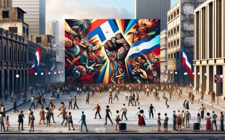 Create a high-resolution, realistic image of an abstract revolutionary art installation. The background is a bustling city street in Nicaragua. The installation itself should be bold and striking, incorporating symbols of change, resistance, and transformation. Surrounding the installation, people of all ages and descents, including Caucasian, Hispanic, Black, Middle-Eastern, and South Asian individuals, express a range of reactions to the piece.