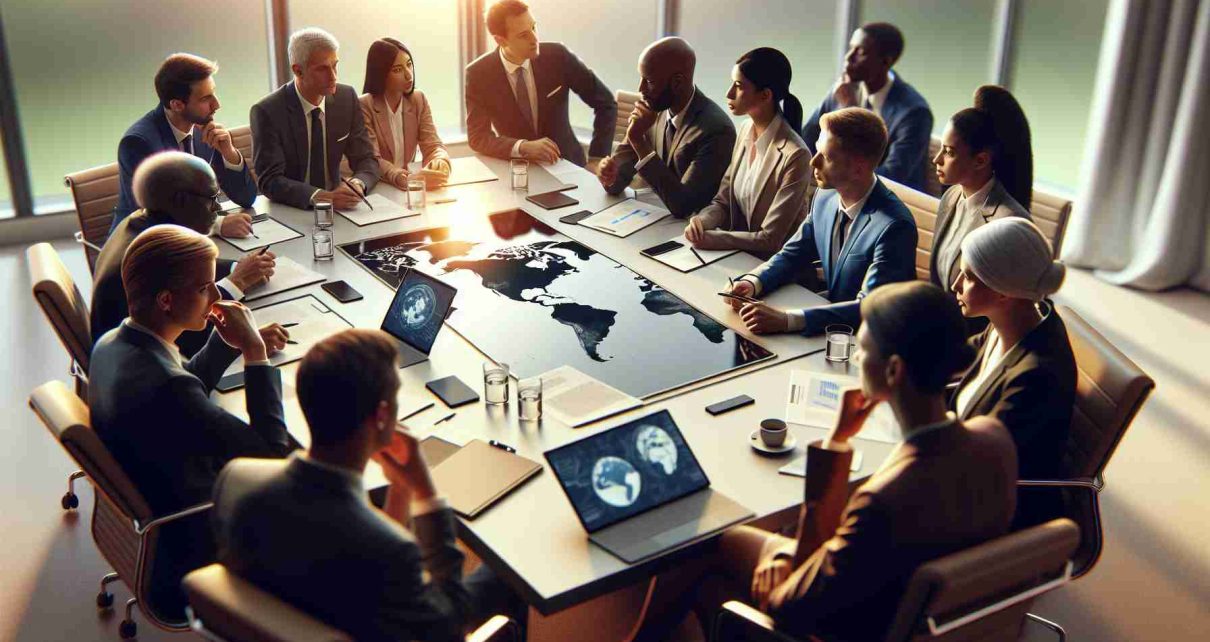 A realistic, high-definition depiction of a conversation on hemispheric affairs. Capture a group of representatives from different hemispheres sitting around a table, discussing affaires related to their regions. Ensure to include an array of papers, maps and digital devices scattered across the table to represent the topic of the discussion. There should be a sense of cooperation and concentration among the individuals. This can be indicated through their expressions and gestures where some of them are talking, some are listening, nodding and some are taking notes. They should appear to be from diverse descents like Caucasian, Hispanic, Black, Middle-Eastern, and South Asian, reflecting the broad involvement of different nations.