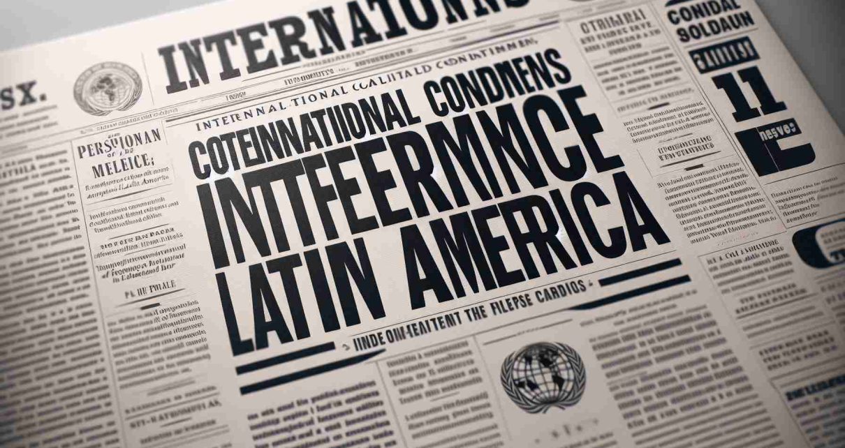 Highly detailed and realistic image of a newspaper headline that reads, 'International Coalition Condemns Interference in Latin America'. The print is clear and sharp, set against a crisp, white paper background.