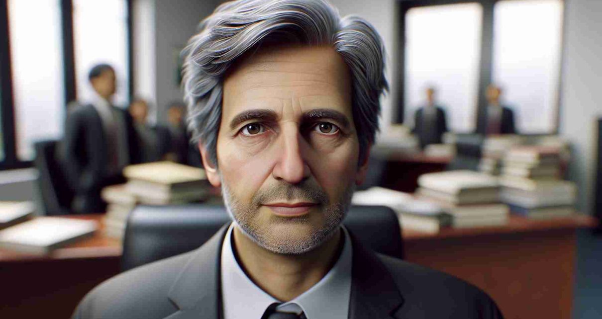 A hyperrealistic image of an unnamed international human rights advocate. The individual is a middle-aged Caucasian male with greying hair. He is seen in a professional setting, perhaps an office, surrounded by books and documents. His expression is profound and focused, exuding the aura of someone dedicated to advancing human rights across the globe.