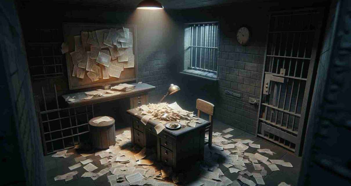 A detailed, high-definition image illustrating the concepts of paranoia and absurdity as experienced in the context of political imprisonment. This should shgow a dimly lit cell, with shredded manuscripts lying scattered on a crude desk, suggesting zealous scrutiny of any scrap of information. The cell has a small barred window, yet no view of the outside world, underlining the feeling of isolation and absurdity. There is a meal barely touched, as paranoia makes every bite suspicious. The room soullessly emanates a chilling silence, amplifying despair.