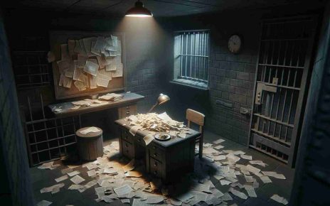 A detailed, high-definition image illustrating the concepts of paranoia and absurdity as experienced in the context of political imprisonment. This should shgow a dimly lit cell, with shredded manuscripts lying scattered on a crude desk, suggesting zealous scrutiny of any scrap of information. The cell has a small barred window, yet no view of the outside world, underlining the feeling of isolation and absurdity. There is a meal barely touched, as paranoia makes every bite suspicious. The room soullessly emanates a chilling silence, amplifying despair.