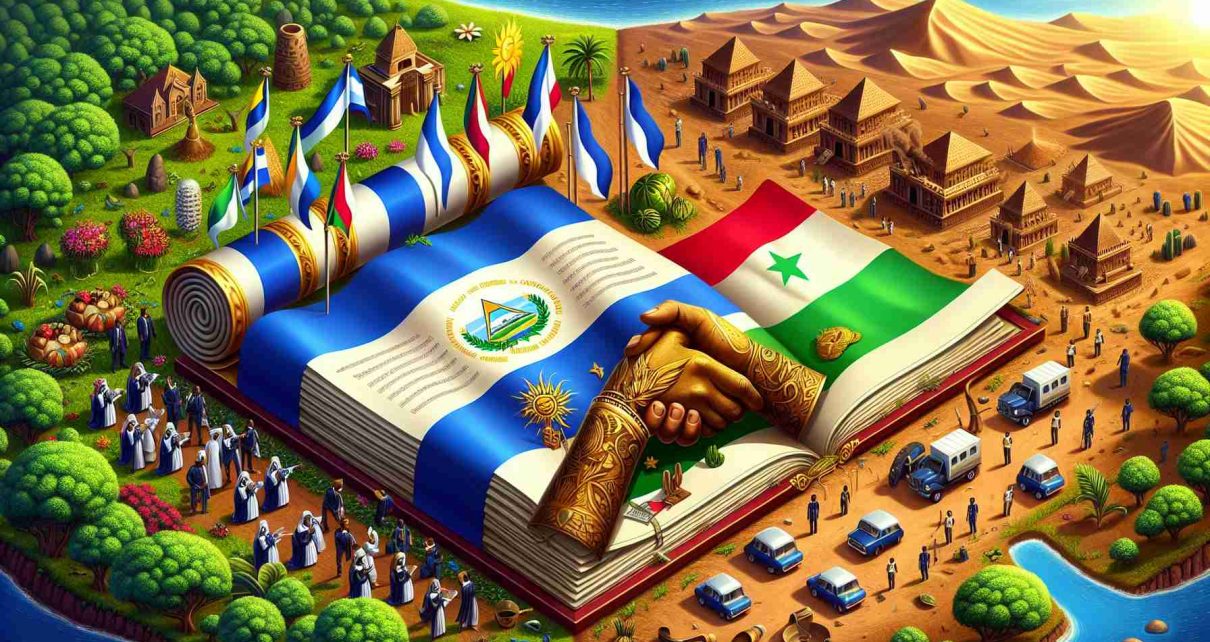 Detailed image depicting a scenario where Nicaragua is extending warm greetings to Mali through a formal declaration. The focus is on a scene with an official richly decorated document bearing the emblems of the two countries. The Nicaraguan flag with blue and white stripes and the triangular emblem, and the Malian flag featuring green, yellow, and red striped design are symbolically integrated. Around the document, elements symbolising the culture and nature of both places are subtly placed. Think lush green rainforests, volcans, and a bright sun for Nicaragua, and mud-brick houses, parched deserts, and the Niger river for Mali. The image exhibits superior detail and high resolution.