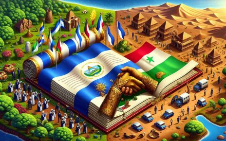 Detailed image depicting a scenario where Nicaragua is extending warm greetings to Mali through a formal declaration. The focus is on a scene with an official richly decorated document bearing the emblems of the two countries. The Nicaraguan flag with blue and white stripes and the triangular emblem, and the Malian flag featuring green, yellow, and red striped design are symbolically integrated. Around the document, elements symbolising the culture and nature of both places are subtly placed. Think lush green rainforests, volcans, and a bright sun for Nicaragua, and mud-brick houses, parched deserts, and the Niger river for Mali. The image exhibits superior detail and high resolution.