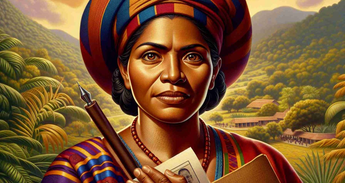 A detailed, high definition portrait of an assertive, courageous woman, championing human rights in Central America. She radiates wisdom and firmness, her eyes are sparkling with determination. Her attire suggests the vibrant cultures of Central America, and in her hands, she holds a document symbolizing her pursuit for justice and human rights. The color palette is warm and welcoming, reflecting the strength of the tropical sun. The background hosts a lush, tropical landscape setting, emphasizing her ties with the region.