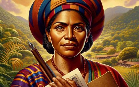 A detailed, high definition portrait of an assertive, courageous woman, championing human rights in Central America. She radiates wisdom and firmness, her eyes are sparkling with determination. Her attire suggests the vibrant cultures of Central America, and in her hands, she holds a document symbolizing her pursuit for justice and human rights. The color palette is warm and welcoming, reflecting the strength of the tropical sun. The background hosts a lush, tropical landscape setting, emphasizing her ties with the region.