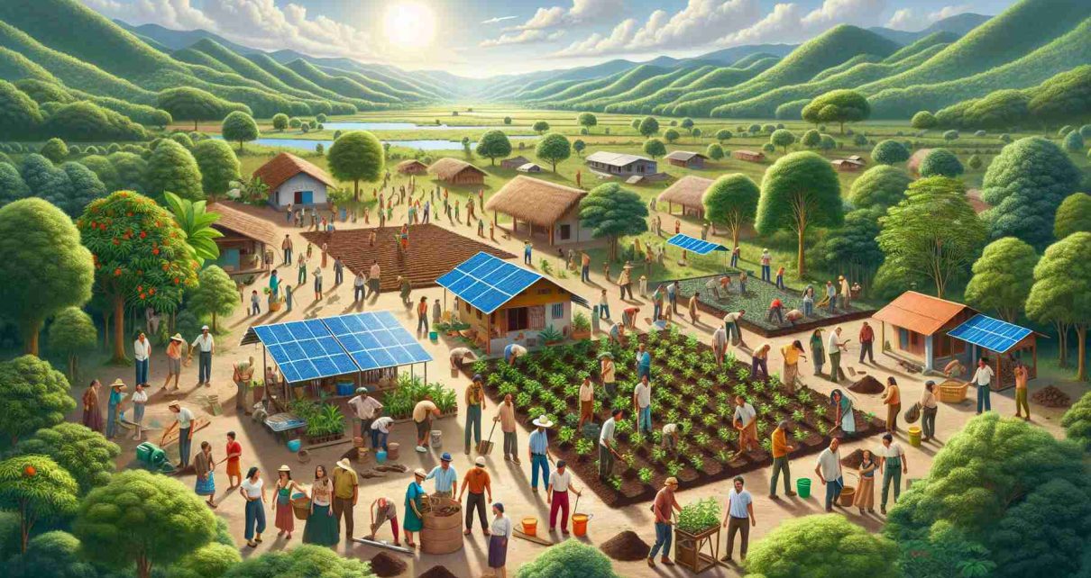 High-definition, realistic photo representing empowering communities in Nicaragua through sustainable development efforts. The scene includes a vibrant rural landscape with groups of local people, both men and women of Hispanic descent, working on various sustainability projects. Picture people planting trees, constructing sustainable buildings, and working with solar panels. A backdrop of lush greenery and mountains would solidify the location as Nicaragua. Remember to bring in elements of unity, community, and empowerment in the depiction.