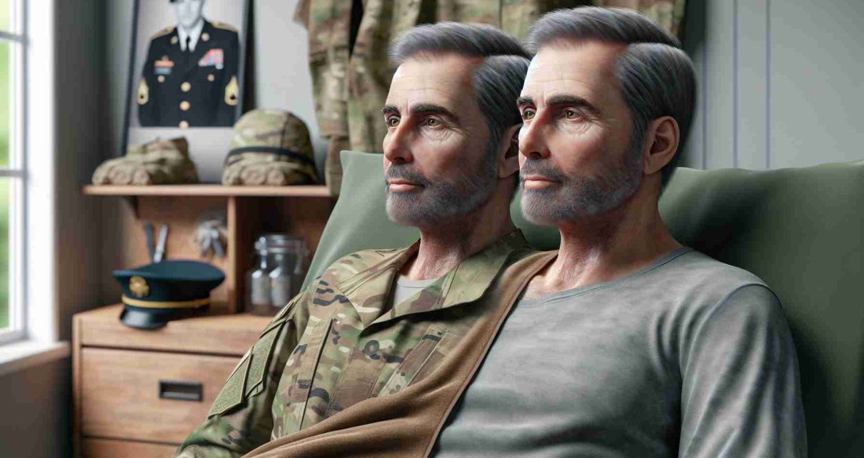 A realistic high-definition image representing notable improvement in health condition of a former male military commander of non-specific descent age wearing camouflage uniform, shown convalescing at home, his features reflecting increased strength compared to previous state of health. The surroundings include military memorabilia, hinting at his past career.