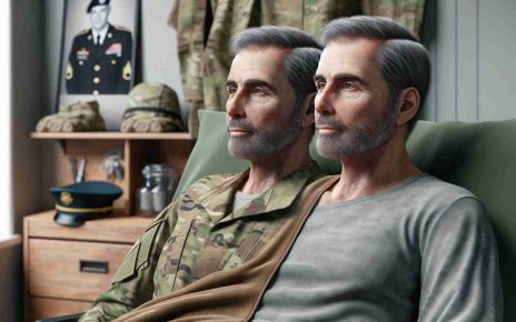 A realistic high-definition image representing notable improvement in health condition of a former male military commander of non-specific descent age wearing camouflage uniform, shown convalescing at home, his features reflecting increased strength compared to previous state of health. The surroundings include military memorabilia, hinting at his past career.