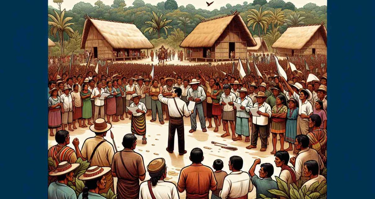 Create an HD image depicting the scene of indigenous resistance in the Caribbean region of Nicaragua. The image should centre around an assembly of indigenous men and women showing their determination. Some are addressing the crowd, others are holding placards. The background should include local vegetation and the traditional indigenous housing structures.