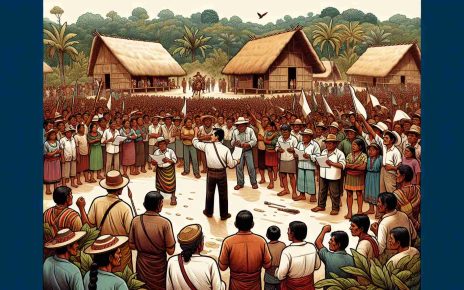 Create an HD image depicting the scene of indigenous resistance in the Caribbean region of Nicaragua. The image should centre around an assembly of indigenous men and women showing their determination. Some are addressing the crowd, others are holding placards. The background should include local vegetation and the traditional indigenous housing structures.