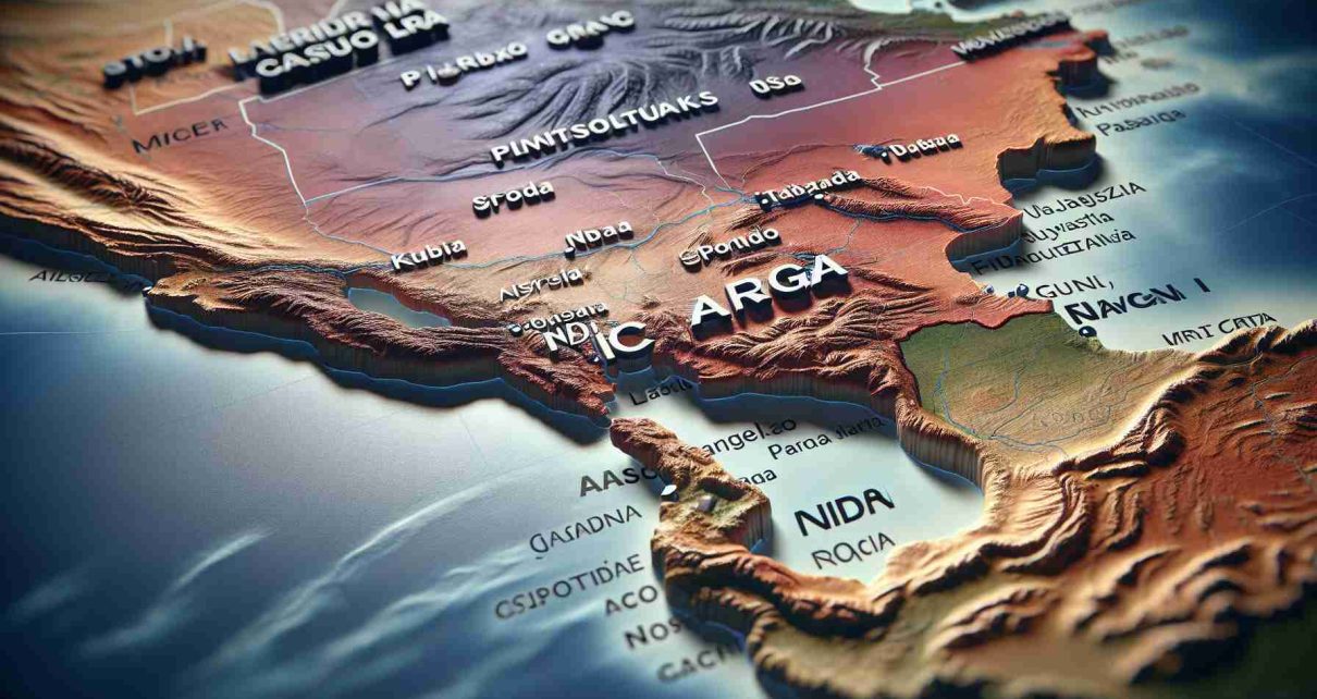 Realistic, high-definition image of a physical map highlighting the location of Nicaragua, overlayed with text indicating its categorisation as a country associated with drug transit and production.