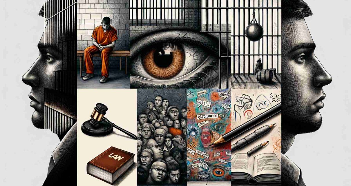 Generate an HD illustration of different perspectives on imprisonment. Includes visuals such as a traditional prison cell showcasing isolation, a pair of distressing eyes to symbolise the psychological impact, a law textbook and gavel representing legal aspects, artistic scribbles on a wall depicting the creative outlet of the inmates, and empowering messages written on a wall suggesting reformation and resilience. Let's have a vivid contrast of sharp and shadowy areas to add a dramatic effect and enhance realism.