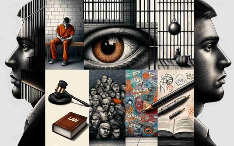 Generate an HD illustration of different perspectives on imprisonment. Includes visuals such as a traditional prison cell showcasing isolation, a pair of distressing eyes to symbolise the psychological impact, a law textbook and gavel representing legal aspects, artistic scribbles on a wall depicting the creative outlet of the inmates, and empowering messages written on a wall suggesting reformation and resilience. Let's have a vivid contrast of sharp and shadowy areas to add a dramatic effect and enhance realism.