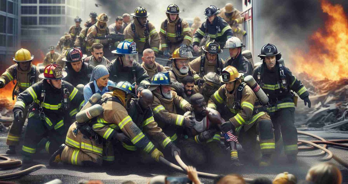 Realistic, high-definition image of a international team of firefighters. Incorporate individuals from a variety of descents such as, Caucasian, Hispanic, Black, Middle-Eastern, and South Asian. This team is working together, sharing their expertise in a disaster response situation. They are in the midst of tackling a massive blaze, utilizing their specialized equipment. The scene is fraught with action and urgency, highlighting their collective effort and the shared human endeavour to protect and rescue.