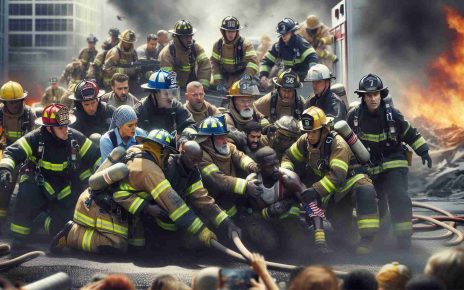 Realistic, high-definition image of a international team of firefighters. Incorporate individuals from a variety of descents such as, Caucasian, Hispanic, Black, Middle-Eastern, and South Asian. This team is working together, sharing their expertise in a disaster response situation. They are in the midst of tackling a massive blaze, utilizing their specialized equipment. The scene is fraught with action and urgency, highlighting their collective effort and the shared human endeavour to protect and rescue.