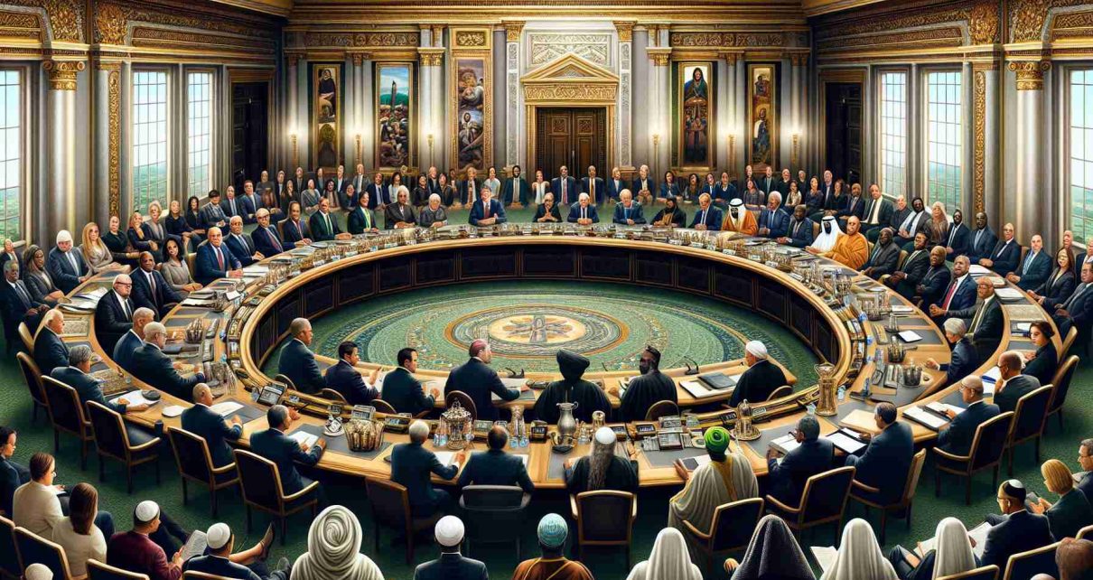 Detailed depiction of an unprecedented meeting in a large, ornately decorated conference room. There are influential figures from both governmental agencies and various religious communities. The governmental personnel are a dynamic blend of professionals such as a Caucasian female secretary, an Asian male organization leader, an African male officer, and a Hispanic female environmental officer. The religious leaders include a Middle-Eastern male from Islam, a South Asian female Buddhist monk, a White male Catholic priest, and a Black female Rabbi. They all sit around a massive table signifying communal harmony. They are engaged in active, respectful discussions, exemplifying an air of mutual respect and unity.