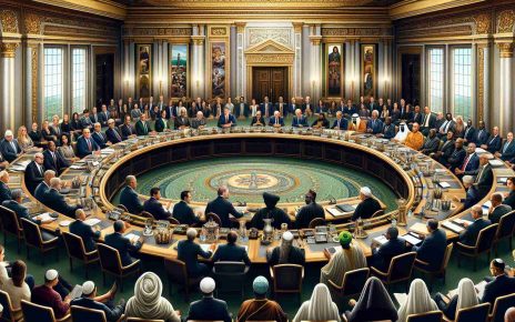 Detailed depiction of an unprecedented meeting in a large, ornately decorated conference room. There are influential figures from both governmental agencies and various religious communities. The governmental personnel are a dynamic blend of professionals such as a Caucasian female secretary, an Asian male organization leader, an African male officer, and a Hispanic female environmental officer. The religious leaders include a Middle-Eastern male from Islam, a South Asian female Buddhist monk, a White male Catholic priest, and a Black female Rabbi. They all sit around a massive table signifying communal harmony. They are engaged in active, respectful discussions, exemplifying an air of mutual respect and unity.