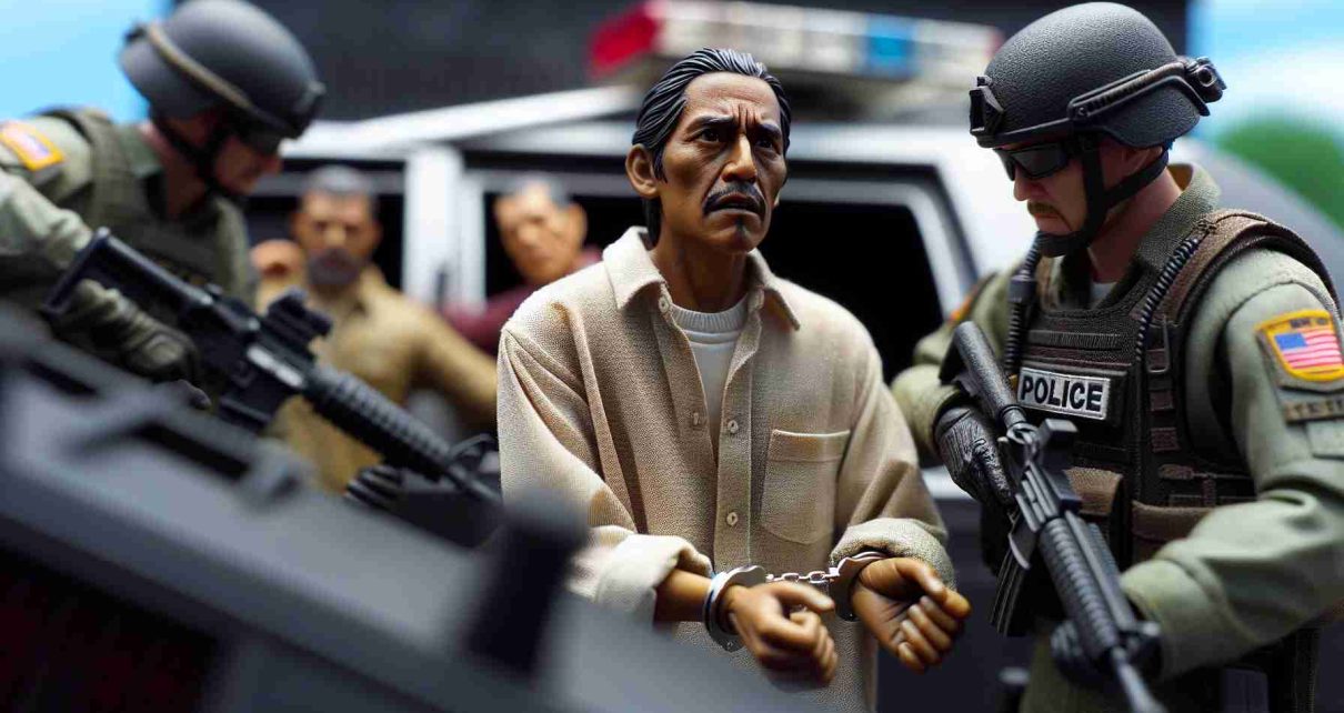 A realistic, high-definition image of an individual of indigenous descent, portrayed as a leader. The person is seen being detained by law enforcement amid suspicions of illegal weapons trafficking. The scene is tense and dramatic, capturing an expression of surprise, defiance, and worry on the leader's face. Focus on details that portray the arrest - handcuffs, law enforcement personnel, unmarked vehicles. The scene should be situated in a nondescript urban location.