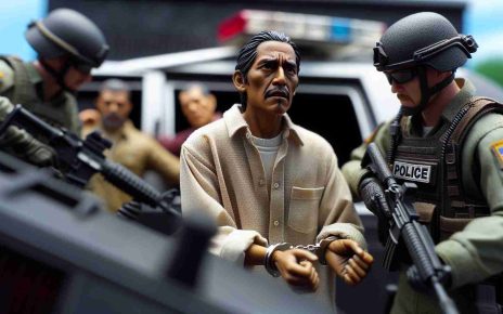 A realistic, high-definition image of an individual of indigenous descent, portrayed as a leader. The person is seen being detained by law enforcement amid suspicions of illegal weapons trafficking. The scene is tense and dramatic, capturing an expression of surprise, defiance, and worry on the leader's face. Focus on details that portray the arrest - handcuffs, law enforcement personnel, unmarked vehicles. The scene should be situated in a nondescript urban location.