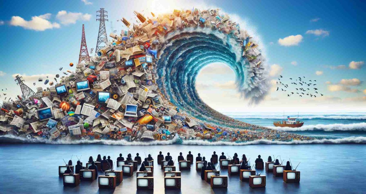 An ultra high definition image visualizing the concept of a 'New Wave of Media Freedom'. There is a large ocean wave made of various media forms such as newspapers, magazines, radio waves, and digital content. The wave is breaking against a shore symbolizing old media, encompassing TVs, radios, and old newspapers. The sky above is clear, possibly indicating a bright future for media freedom. In the foreground, there are several people from diverse descents and genders who are watching this wave, representing the general public witnessing this change.