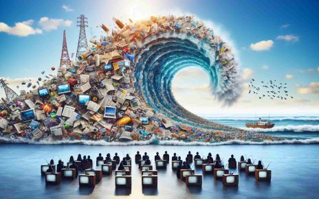 An ultra high definition image visualizing the concept of a 'New Wave of Media Freedom'. There is a large ocean wave made of various media forms such as newspapers, magazines, radio waves, and digital content. The wave is breaking against a shore symbolizing old media, encompassing TVs, radios, and old newspapers. The sky above is clear, possibly indicating a bright future for media freedom. In the foreground, there are several people from diverse descents and genders who are watching this wave, representing the general public witnessing this change.