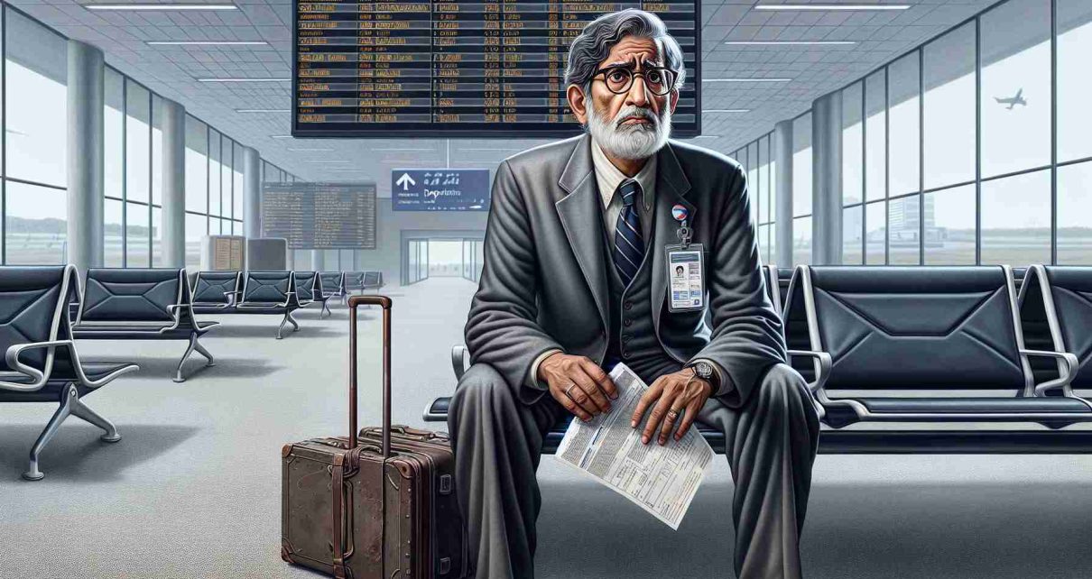 Create a highly detailed artwork of a well-known, middle-aged South Asian scientist displaying desolation and frustration in an airport lobby. He's left stranded due to political complications preventing him from returning home. The scientist dons formal attire and glasses while holding travel documents in his hand. A departure board showing non-operational flights and a desolate airport background add to the realism of the scene.