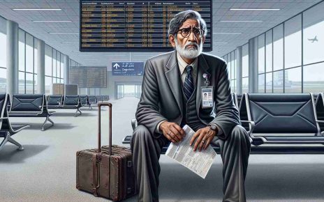 Create a highly detailed artwork of a well-known, middle-aged South Asian scientist displaying desolation and frustration in an airport lobby. He's left stranded due to political complications preventing him from returning home. The scientist dons formal attire and glasses while holding travel documents in his hand. A departure board showing non-operational flights and a desolate airport background add to the realism of the scene.