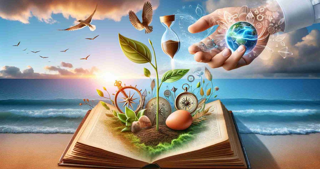 Create a high-definition, realistic image representing fresh starts dedicated to a person named 'Julio García Guevara'. The new beginnings may include a sunrise overlooking a clear blue ocean, a seed sprouting from the fertile earth, or a baby bird taking its first flight. Also, include symbolic elements such as an open book implying knowledge, a compass suggesting direction, and an hourglass signifying time.