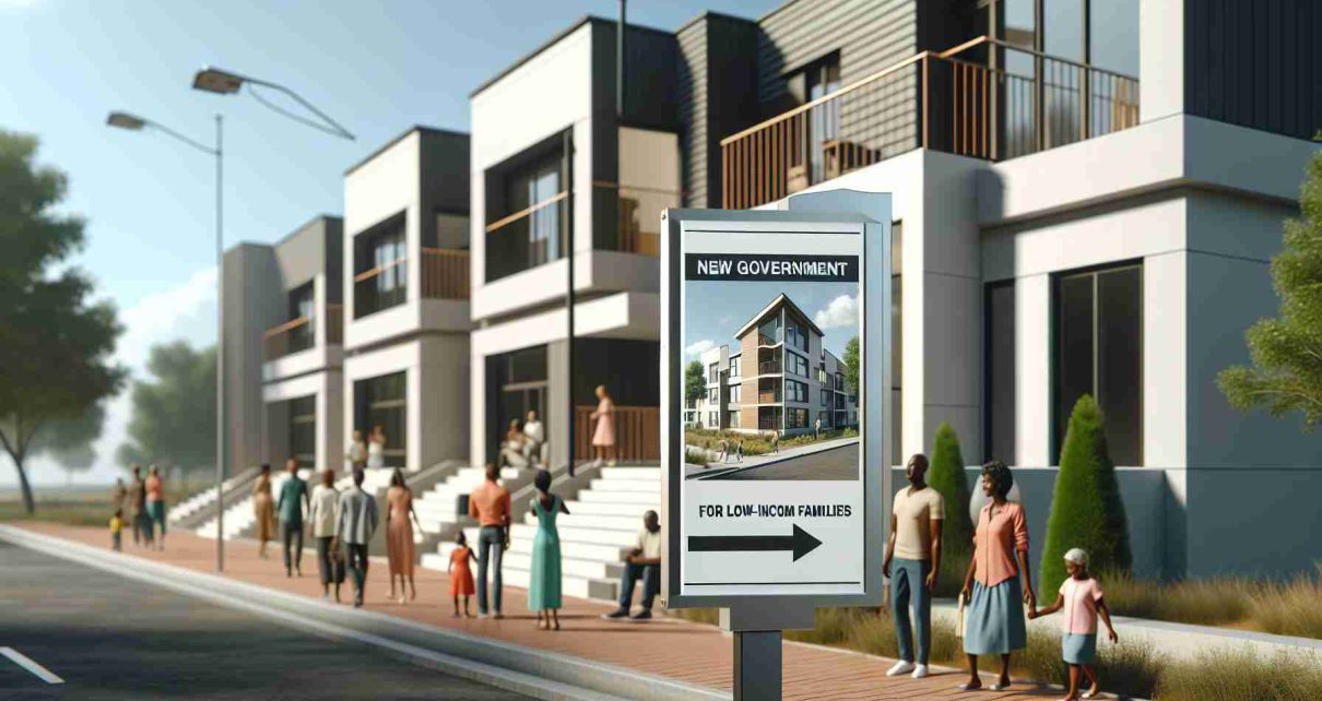 A realistic and high-definition image showing a representation of a new government housing program targeted at low-income families. The visual features a modern affordable housing complex with several units. On a signpost in the foreground, there's a placard reading 'New Government Housing Program for Low-Income Families'. People of diverse descents and genders are seen outside the complex, illustrating its inclusivity and diversity. The scene takes place during the day under a blue sky.