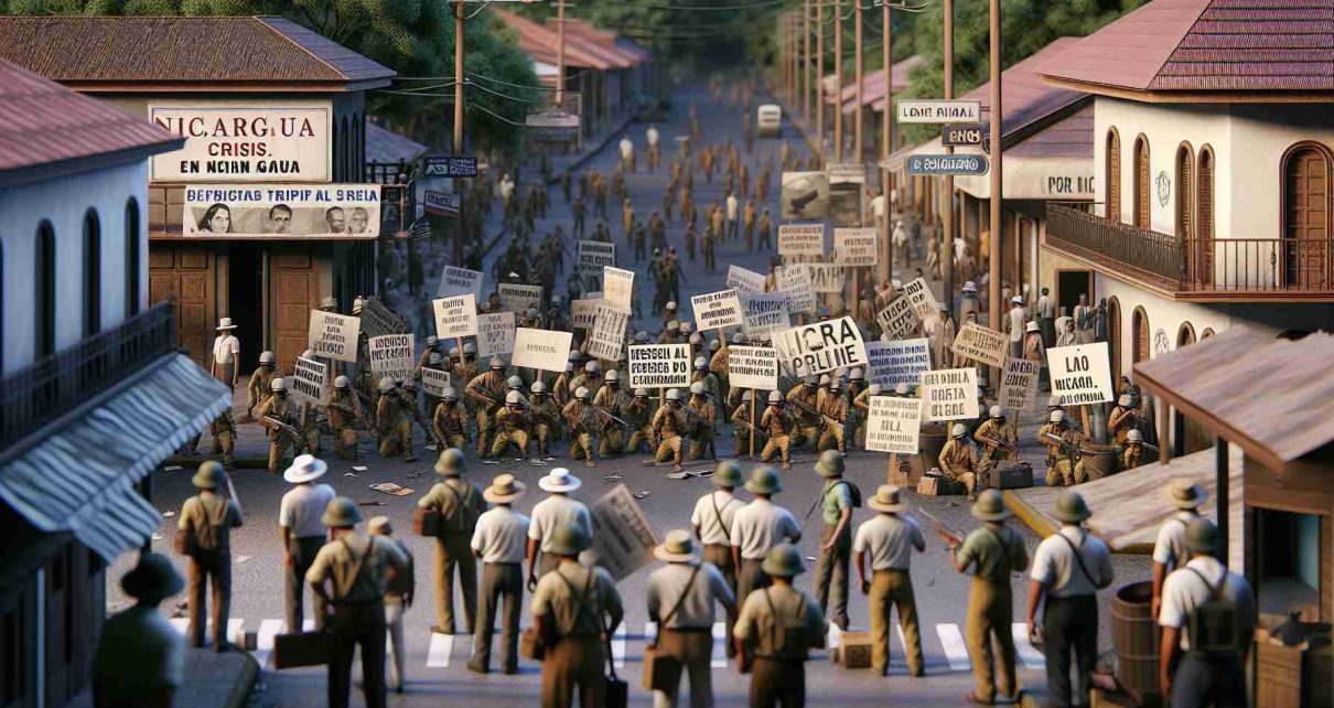 Realistically detailed representation in HD of a scene depicting the human rights crisis in Nicaragua, focusing on the environment and atmosphere, such as protest signs, the worn faces of the citizens, silent streets, or official documents and newspaper articles reporting on the events. Please avoid direct depiction of violence or harm to individuals.