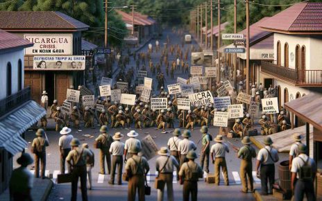 Realistically detailed representation in HD of a scene depicting the human rights crisis in Nicaragua, focusing on the environment and atmosphere, such as protest signs, the worn faces of the citizens, silent streets, or official documents and newspaper articles reporting on the events. Please avoid direct depiction of violence or harm to individuals.