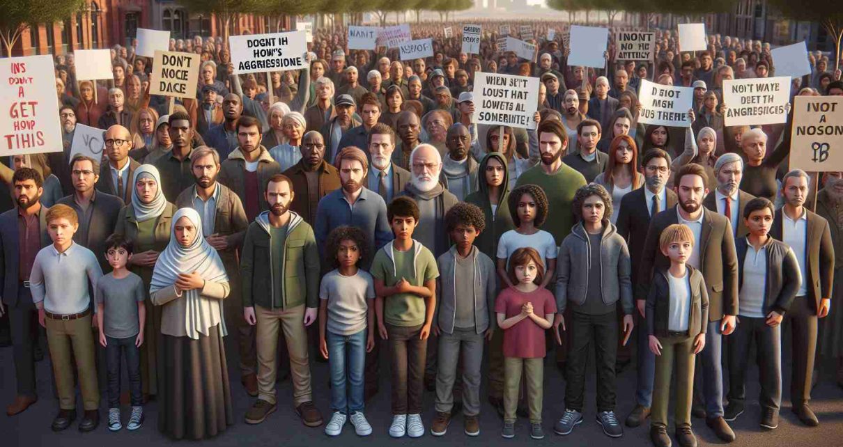 High definition, realistic illustration depicting a group of people from different descents such as Caucasian, Hispanic, Black, Middle-Eastern, and South Asian, all standing in unity. They are in the midst of a peaceful rally, holding banners and placards expressing their strong disapproval of aggression and their declaration of solidarity. The atmosphere is of stern determination yet peaceful resistance. The setting can be a public park or a city square during the day, under clear skies, with a diverse age range from children to seniors participating in the movement.