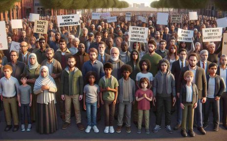 High definition, realistic illustration depicting a group of people from different descents such as Caucasian, Hispanic, Black, Middle-Eastern, and South Asian, all standing in unity. They are in the midst of a peaceful rally, holding banners and placards expressing their strong disapproval of aggression and their declaration of solidarity. The atmosphere is of stern determination yet peaceful resistance. The setting can be a public park or a city square during the day, under clear skies, with a diverse age range from children to seniors participating in the movement.