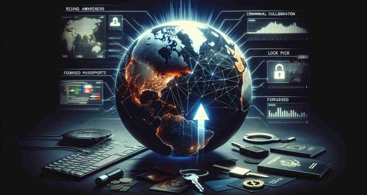 A high-definition, realistic image portraying the concept of 'Rising Awareness: Criminal Collaboration Beyond Borders'. This should include a globe with various countries highlighted representing the international aspect. Also, overlay it with some abstract visualization of data network symbolizing the collaboration. Add elements indicating criminal activity like lock pick, hacker's keyboard, forged passports, and dark shadows. Please also include an upward-pointing arrow visualizing the rise in awareness. Keep the overall tone of the image dark and mysterious to better articulate the seriousness of the concept.