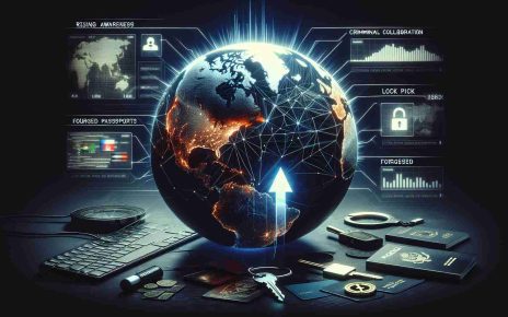 A high-definition, realistic image portraying the concept of 'Rising Awareness: Criminal Collaboration Beyond Borders'. This should include a globe with various countries highlighted representing the international aspect. Also, overlay it with some abstract visualization of data network symbolizing the collaboration. Add elements indicating criminal activity like lock pick, hacker's keyboard, forged passports, and dark shadows. Please also include an upward-pointing arrow visualizing the rise in awareness. Keep the overall tone of the image dark and mysterious to better articulate the seriousness of the concept.